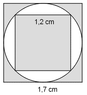 På figuren har vi et kvadrat som er innskrevet i en sirkel som igjen er innskrevet i et større kvadrat. Det innerste kvadratet har sidelengde 1,2 cm, mens det ytre har sidelengde 1,7 cm (som altså også er diameteren i sirkelen). Det skraverte området er det innerste kvadratet pluss det som er utenfor sirkelen (men innenfor det store kvadratet).